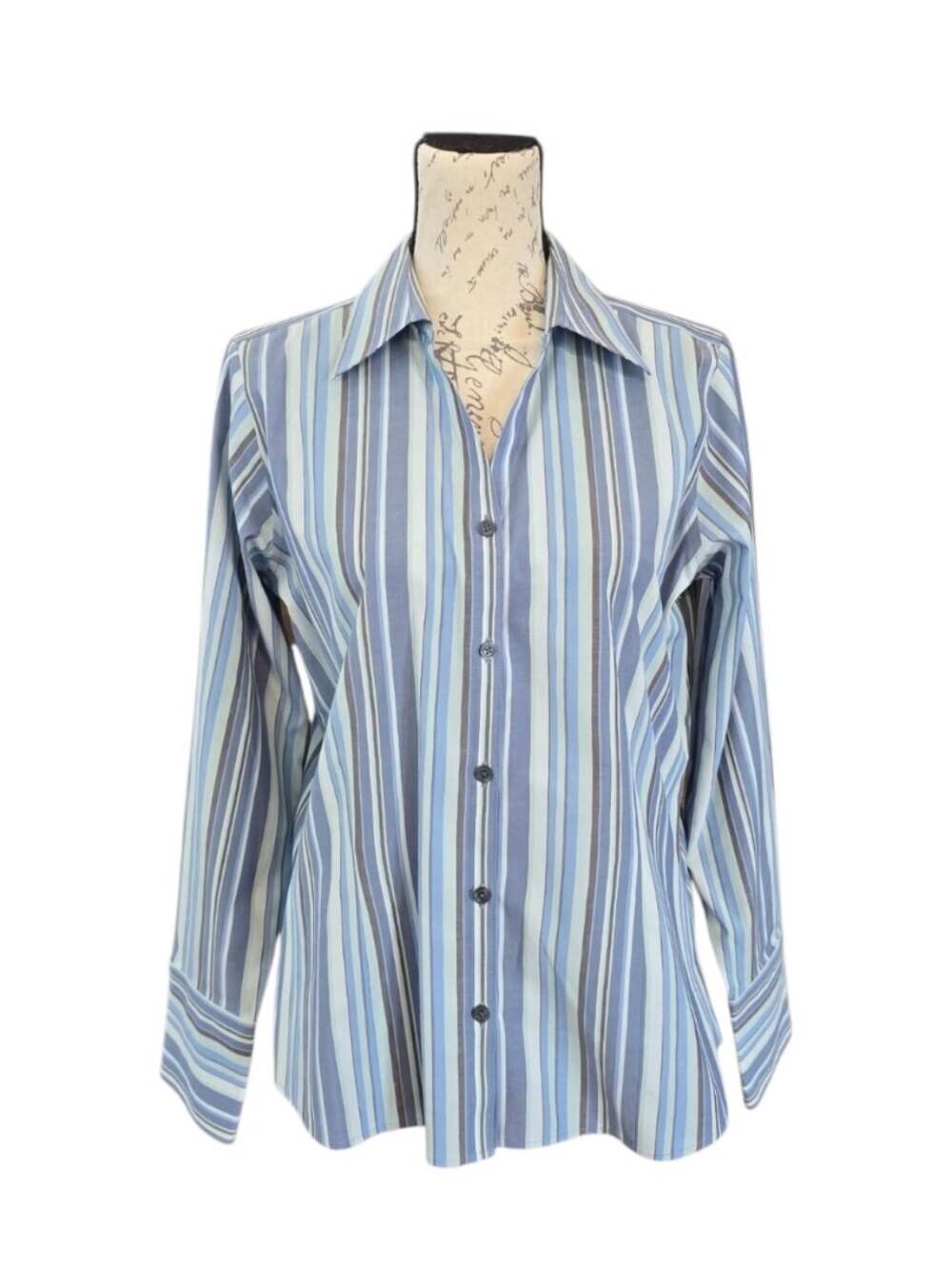 Eddie Bauer Blue Green Stripe Wrinkle Resistant Button Blouse M